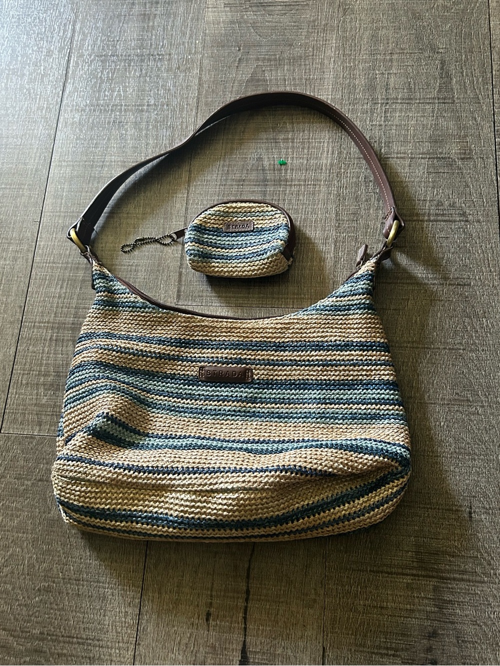 Woven Striped Shoulder Bag in Blue and Tan - Unbranded